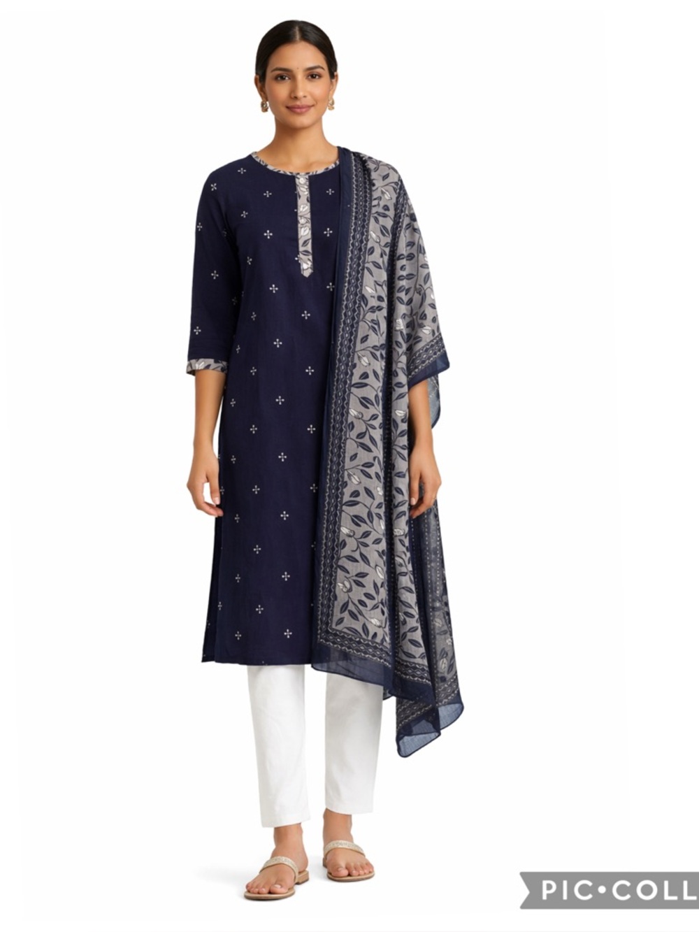 Indian Kurta Tunic + Dupatta Set Navy Print Ganpati Medium (Tagged XXL)